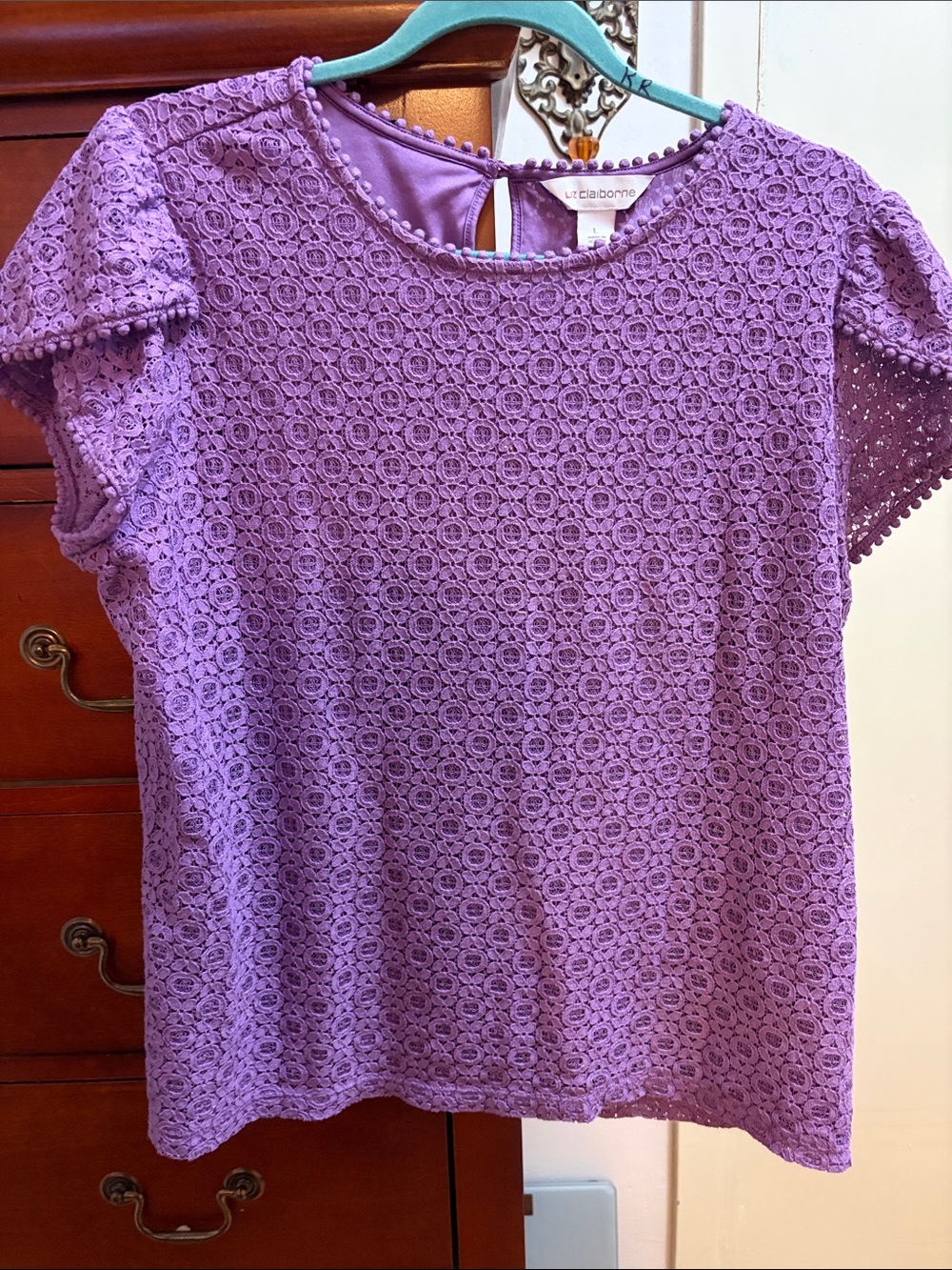 Liz Claiborne Lavender Floral Lace Short Sleeve Blouse